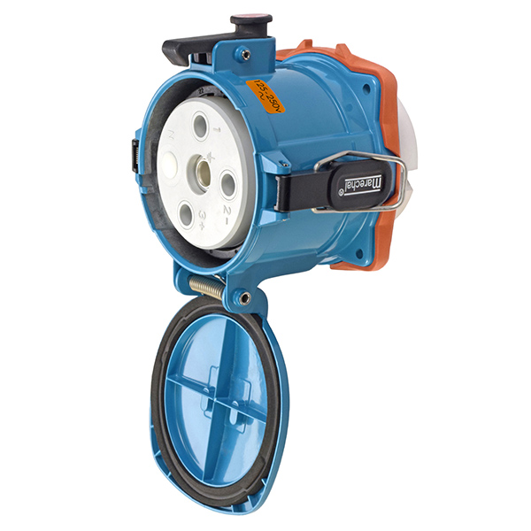 39-24036-K07-180 - DR250 RECEPTACLE METAL BLUE SIZE 6 TYPE 3R 2P+N+G 250A 125/250 VAC 60 Hz NO AUX 180 DEGREE OPENING LID